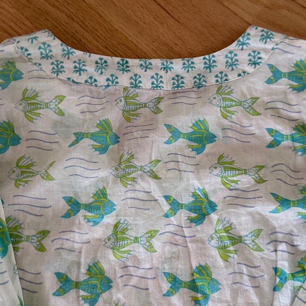 Rikshaw Design 100% cotton 3/4 sleeve block print green fish Women's sz Small - Picture 10 of 10